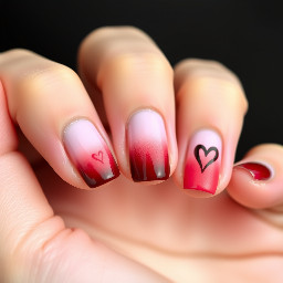 ombré base with on left ring finger add a small Z near the tip in dark red & on the right ring finger add a small heart in the same place