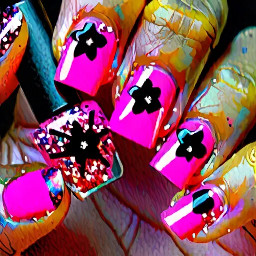 set of square acrylic nails. both pointer fingers and ring fingers have a bright glittery bubblegum pink base with a simple black flower. both pinky fingers, thumbs, and middle fingers have a black and glittery base with no flower.