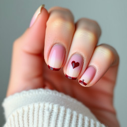 ombré base with on left ring finger add a small Z near the tip in dark red & on the right ring finger add a small heart in the same place