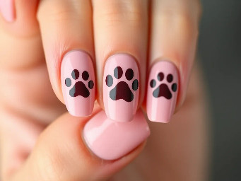 Short almond medium pink nails with 3 dog paw prints on each nail