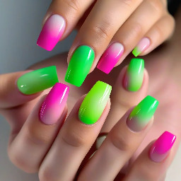 coffin shape medium length bright green polygel nails with a neon pink and green ombre accent nail on ring finger only