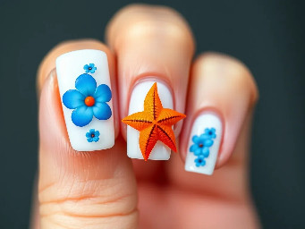short white square nails with small blue hibiscus flowers in the corner and an orange star fish