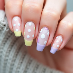 Almond shaped nails all with French tips and polka dots. All of the bases of the nail will be a light skin tone. The index finger has light pink polka dots and a pastel yellow French tip. The middle finger has a light blue French tip and pastel yellow polka dots. The ring finger has a light lavender purple polka dot on a light yellow French tip. The pinky finger is lavender purple French tip and light pink polka dots. No thumb color just natural