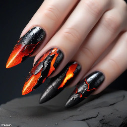 molten-lava-themed manicure. Picture glossy stiletto nails with a charred matte black base that "cracks" open to reveal a glowing, neon orange and fiery red shimmer underneath, finished with a thick 3D clear gel to mimic bubbling volcanic glass.
