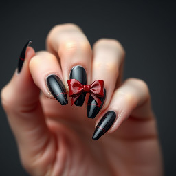 black stiletto french tip nails with a wine red bow and wine red outline
