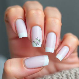 White long round acrylic nails. The ring finger is a white French tip with small delicate lavender and sage floral designs near the top edge of the nail