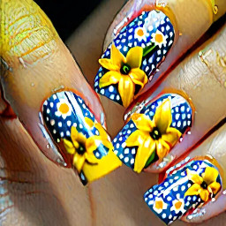 easy yellow nails with blue flowers on short nails. no french tip or nude base coat. easy flowers like dots