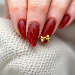sharper shape with like a dark brown red color with a simple design that's easy for beginners some 3d builder gel art with gold chrome maybe a bow
