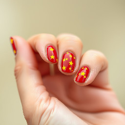 Rounded nails with red varnish and yellow stars