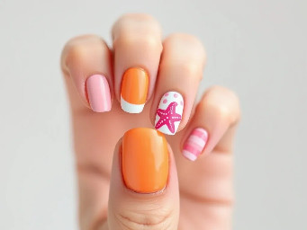 thumb light orange pointer finger light pink middle finger white french tip with pink and light pink starfish with dots ring finger light pink stripes pinky finger light orange