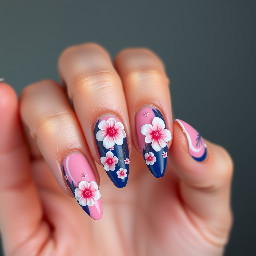 Pink and navy blue almond nails set with 3-D flowers, 3-D designs