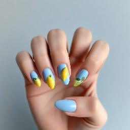 almond nails with baby blue french tips on on the middle three fingers. On the index finger, have a simple lemon with leaves slightly overlapping the blue tip. On the little finger, have the same blue as the tips for the whole nail but with some white lines down vertically down the nail and another lemon with leaves in the centre of this nail. Have the thumb nail be the same blue again but with yellow dots