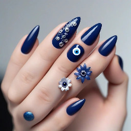 I want navy blue color minimal on all . Evil eye theme at least one of them has it. Add flowers of gel. Add details with silver lines or dots