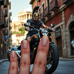 Create an 8k 35mm photo of a Spartan warrior riding a motorcycle through the streets of Sparta in modern day. Capture the warrior with an intensity and strength as he rides swiftly through the ancient city streets. Pay attention to details such as the shadows cast by the motorcycle, the glint of sunlight reflecting off the warrior's helmet, and the vibrant colors of the surrounding buildings. The backdrop of the image should contrast the modern world with the remnant grandeur of the historic city. Include the iconic Acropolis of Sparta in the background if possible.