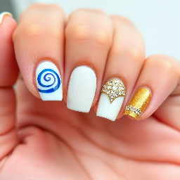 pinky finger is a blue spiral, ring finger solid color(white), middle finger blinged out(gold), pointer and thumb is french tip. the nail shape is square and the colors are blue, white, and gold