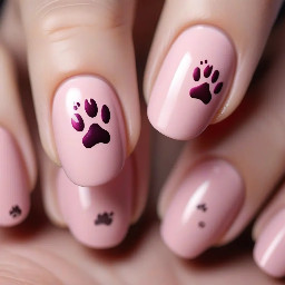 Short almond medium pink nails with 3 dog paw prints on each nail