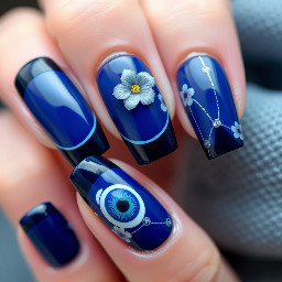 I want navy blue color french tip on all . Evil eye on ring finger.Add flowers of gel. Add details with silver lines