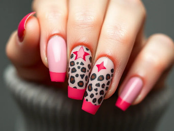 almond nails, medium length.  Thumb/Pinky: solid raspberry pink/red colour Pointer/Ring finger: leopard print french tips (baby pink colour for french tip colour) Middle finger: Nude base with baby pink star OUTLINED in raspberry pink/red colour.