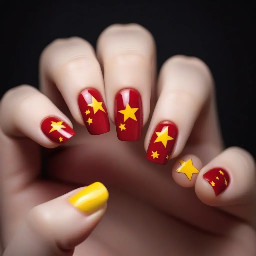 Rounded nails with red varnish and yellow stars