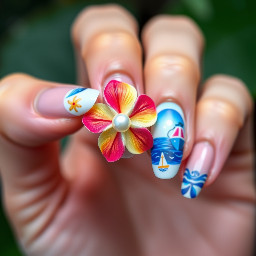 medium-long almond nails, 1-2 nails have a bright colored 3d hibiscus flower with pearl in the middle, other nails are ocean/cruise themed, all bright colors and all different designs