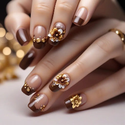 brown nails french tip polka dot poly gel 3d flower on one finger, gold beads