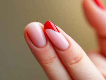 Red pointer finer nail, pinky nail and thumb nail. Light pink middle finger nail and ring finger nail. Red sideways tip on middle finger nail and finger finger nail