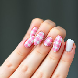 give me cute and classy gingham pink and white almond shape nails shorter