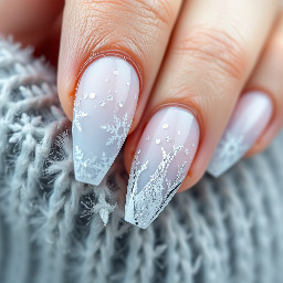 stiletto almond nails with a frosty winter and/or ice theme with the colours white and light misty blue. Can use glitter, French tips, ombre, shapes