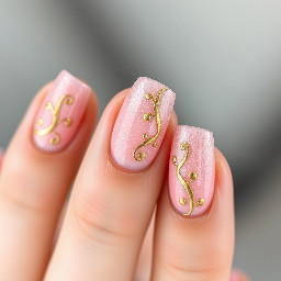 Baby pink shimmer nails with gentle gold swirly vines