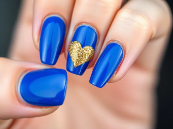 Royal blue nails, ring finger nail glittery gold with a heart that starts on the edge on one side and ends on the edge on the other side of the nail