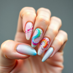 Stiletto Nail with design of pastel rainbow Chinese dragon with rainbow spikes