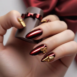 sharper shape with like a dark brown red color with a simple design that's easy for beginners some 3d builder gel art with gold chrome maybe a cute new gen bow