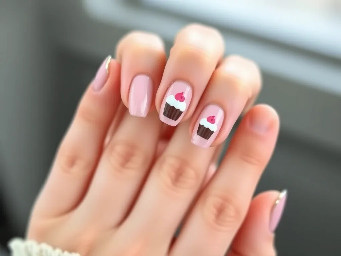 A crisp, detailed close-up photo of a teenager's hand showing off a fresh manicure. The nails are short, almond-shaped with a sheer milky pink base. Must incorporate 14 and cupcakes. Birthday nails.