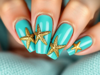 Teal nails with golden starfish minimal design