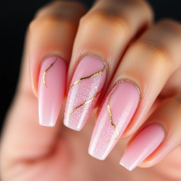 can you create an AI image of some baby pink shimmer nails with abstract gold details on them please