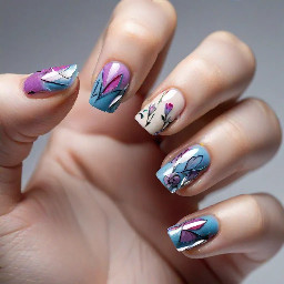 In style of macro photo, single hand, create nail art on fingernails based on: nails centered full view, sharp focus, true color, photoreal, 4k