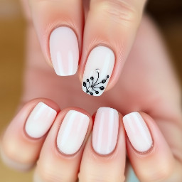 soft, oval shape with a milky white or light pink base. One nail features a black floral design with small gem. The other nails are a simple, clean, and classic solid color.