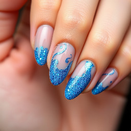 Make a nude color nail base with an almond shape and have random squiggly lines in  a electric sparkly blue