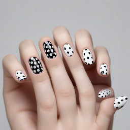 Almond nails with white French tips on every finger except the middle finger. Black polka dots on the French tips. The middle fingers it’s white with black polka dots and on the ring fingers they have black question marks