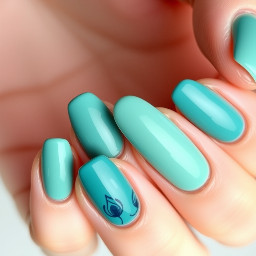 I want almond shaped dip nails with medium length extension, with a design in peacock teal. French tip necessary