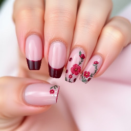 short almond nails with wine red french tips and wine red dots and flowers on some nails