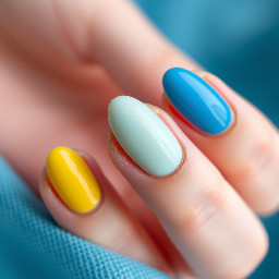 Women’s almond shape nails in yellow and different shades of blue in a simple water pool look.