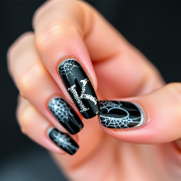 witchy nails, black base, silver designs, spider webs, letter k on one finger