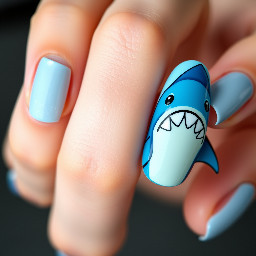 Short round nails with light blue french tips and shimmery nails. The ring finger is a cute, cartoon shark which its teeth as the bottom of the same light blue french as the other nails.