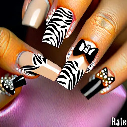 Ballerina shape nails with a nude base, white French tip, black tiger print, black bows, and small diamonds
