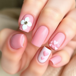 I want the thumb to have a milky pink base with an acrylic flower on it with a gem in the middle, the index fingered have a sheer nude base with a light pink French tip and tiny pink dots along the smile line, I want the middle to be solid pink base with a chrome on it, the ring to have an ombre pink to light pink effect with gold flakes on it near the cuticle and the thumb with mini pink hearts in a bunch of different light colored pink colors