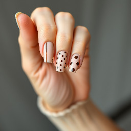 short alomnd shape nails. thumb is light beige with thin brown vertical stripes, pointer finger is a french tip with the same light beige and brown small polka dots, middle finger is light beige with big brown polka dots, ring finger is light beige with thin brown vertical stripes, and little finger is french tip light beige and small dark brown polka dots