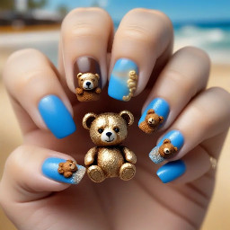 blue, brown, gold accents, teddy bear, beachy, 3D art