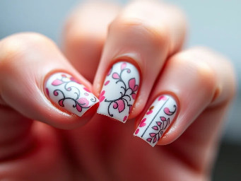 In style of macro photo, single hand, create nail art on fingernails based on: nails centered full view, sharp focus, true color, photoreal, 4k
