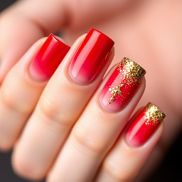 very light pink base gradient to deep red, with golden flakes on the tips